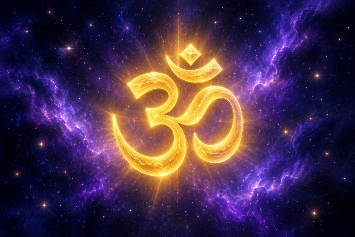 Glowing Om symbol in the cosmos
